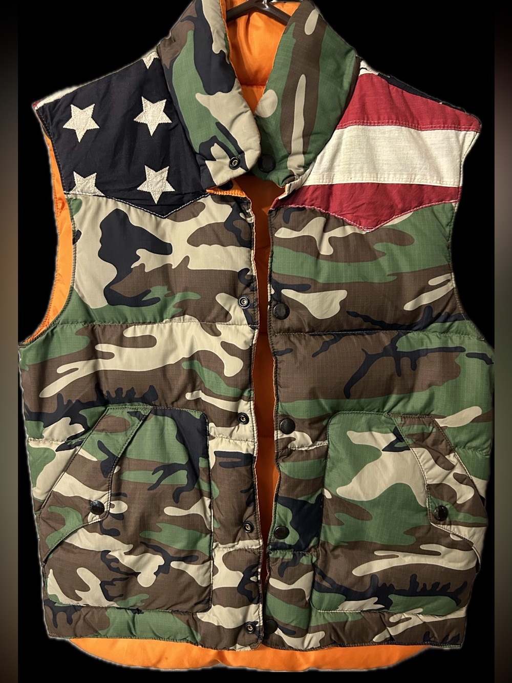 R L Denim & Supply Camo puffer vest with American Flag Accents